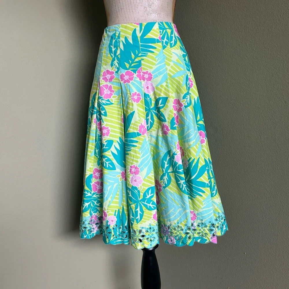 Lilly Pulitzer Pleated A-Lined Floral Green and Pink Women's Skirt White Label - Picture 3 of 5